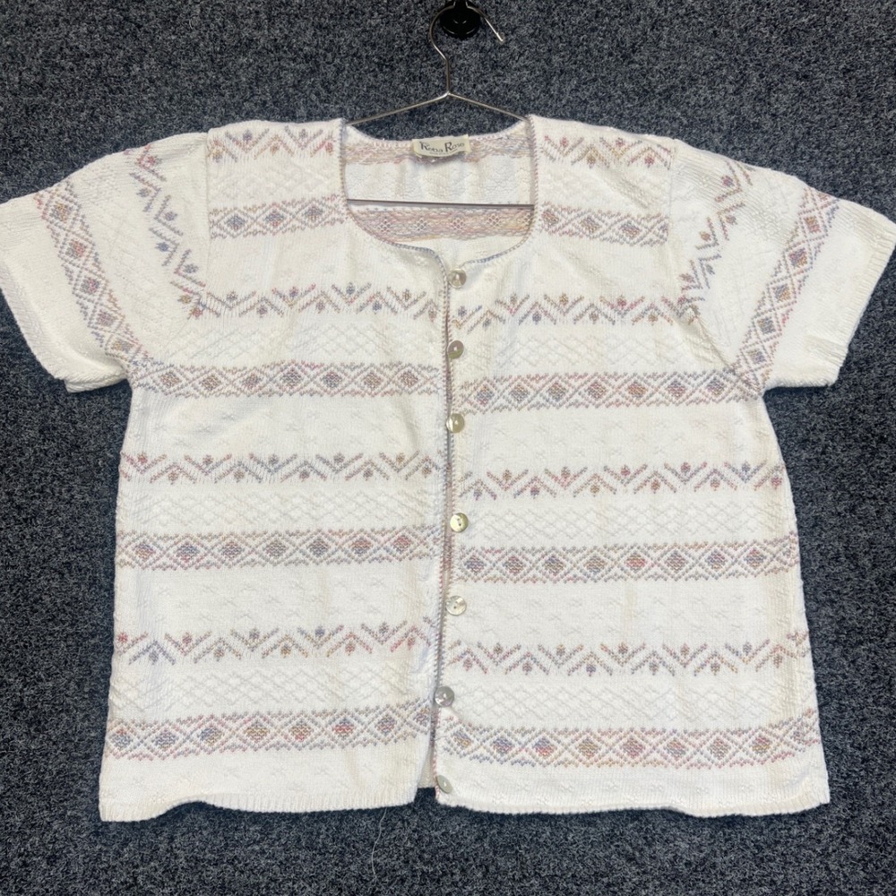 Vintage Reba Rose Cardigan Large Cotton Knit Pastel Geometric Short Sleeve